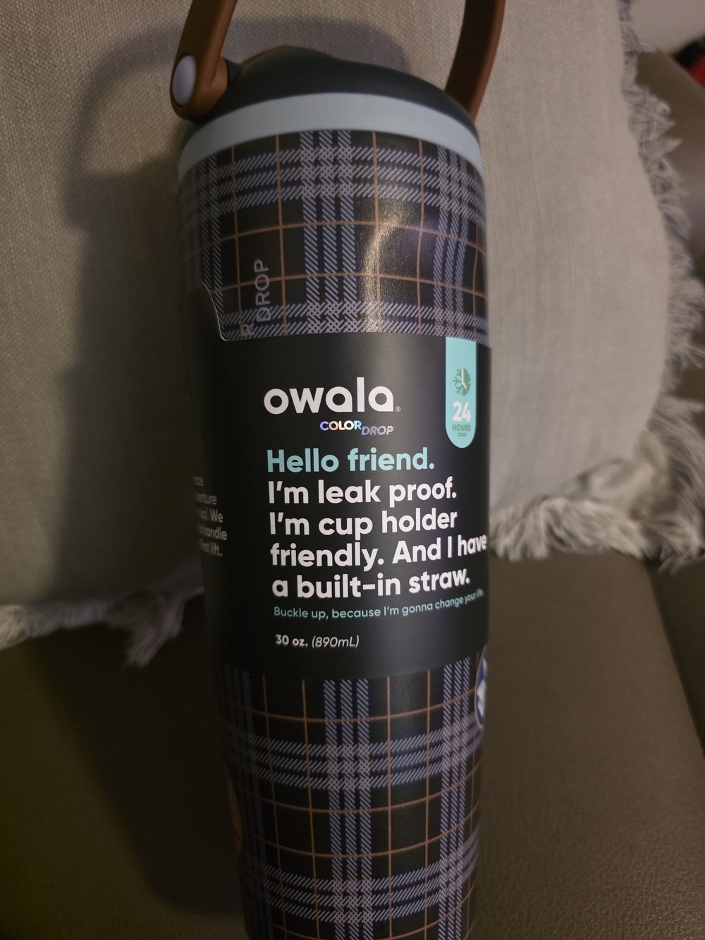 owala ColorDrop 30 oz Travel Bottle in Black and Tan Plaid
